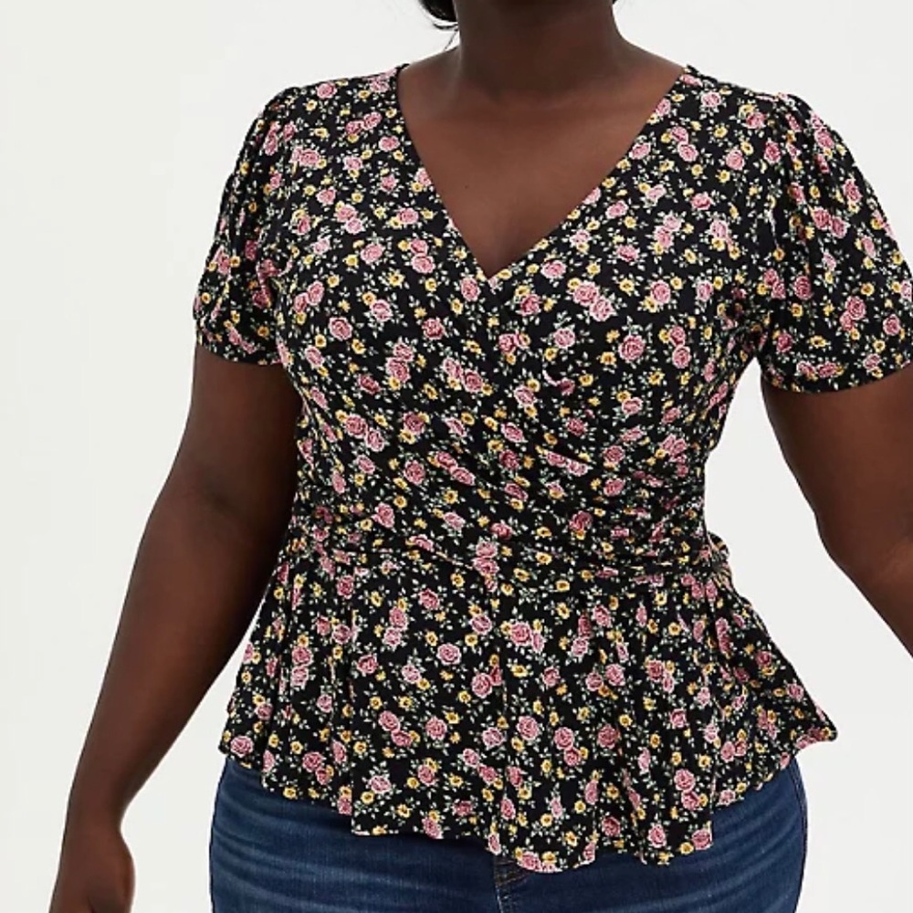 Torrid Super Soft Black Floral Surplice Top, NWOT